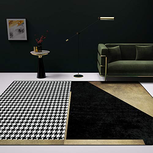 QINYUN Vintage Light Luxury Style Area Rug, Black Gold Houndstooth Indoor Rug, Bedroom Rug Non-Slip Machine Washable Low Stake for Dining Room Living Room Apartment-3ft×4ft