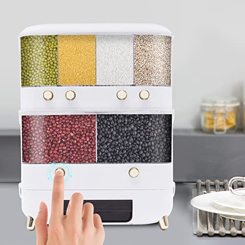 Eapmic Rice Dispenser with Cup,Wall-Mounted 6 Grid Dry Food Dispenser Rice Bucket Grains Storage Container Cereal Dispenser for Home and Kitchen (6Grid,2 Layers,White)