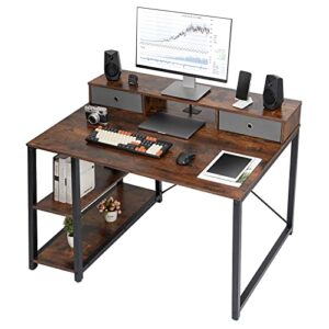 topsky 47”x 31.5” computer desk with drawers, monitor stand, storage shelf, 3-port charging station (rustic brown)