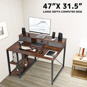 TOPSKY 47”x 31.5” Computer Desk with Drawers, Monitor Stand, Storage Shelf, 3-Port Charging Station (Rustic Brown)