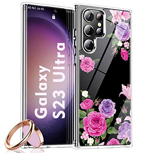 KISPURE for Samsung Galaxy S23 Ultra Case,Clear Rose Flower Garden Floral Women Phone Case Shockproof Protective Design,Thin Soft Silicone TPU Bumper Case for Galaxy S23 Ultra(2023)with kickstand,Pink