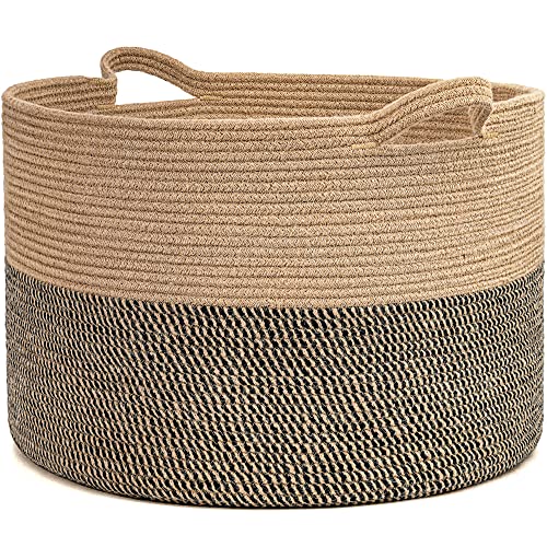 INDRESSME Extra Large Woven Baskets for Storage, 21.7 x 13.8 Blanket Basket Wicker Laundry Basket for Organizing Toy Pillow Shoe for Entryway &Living Room , Black Jute