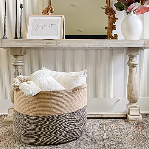 INDRESSME Extra Large Woven Baskets for Storage, 21.7 x 13.8 Blanket Basket Wicker Laundry Basket for Organizing Toy Pillow Shoe for Entryway &Living Room , Black Jute