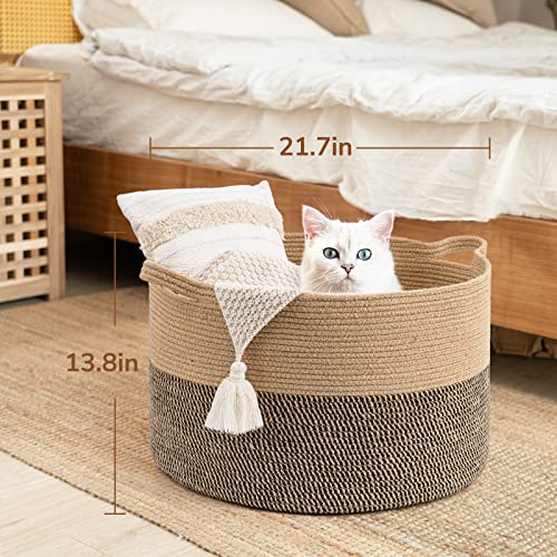 INDRESSME Extra Large Woven Baskets for Storage, 21.7 x 13.8 Blanket Basket Wicker Laundry Basket for Organizing Toy Pillow Shoe for Entryway &Living Room , Black Jute