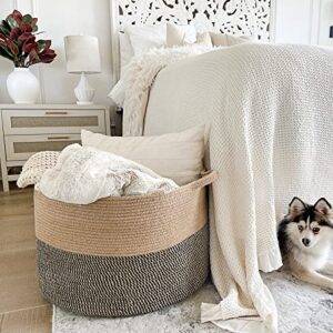 INDRESSME Extra Large Woven Baskets for Storage, 21.7 x 13.8 Blanket Basket Wicker Laundry Basket for Organizing Toy Pillow Shoe for Entryway &Living Room , Black Jute