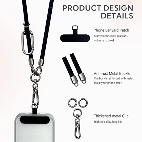 BFSD·DM Cell Phone Lanyard, Universal Crossbody Patch Phone Lanyards,2× Phone Patches,Nylon Phone Lanyards for Around The Neck,Compatible with Most Smartphones(Black,51 inch)