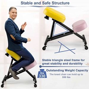 COSTWAY Ergonomic Kneeling Chair, Height Adjustable Stool with 330lbs Capacity, Thick Foam Cushion, Gliding Caster, Angled Seat to Improve Sitting Posture, Kneeling Stools for Office, Yellow+Pink