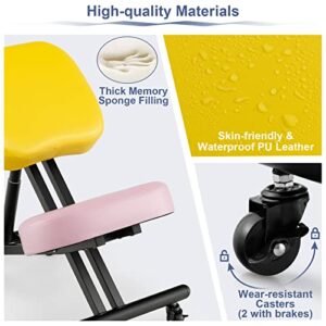 COSTWAY Ergonomic Kneeling Chair, Height Adjustable Stool with 330lbs Capacity, Thick Foam Cushion, Gliding Caster, Angled Seat to Improve Sitting Posture, Kneeling Stools for Office, Yellow+Pink