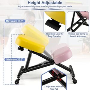 COSTWAY Ergonomic Kneeling Chair, Height Adjustable Stool with 330lbs Capacity, Thick Foam Cushion, Gliding Caster, Angled Seat to Improve Sitting Posture, Kneeling Stools for Office, Yellow+Pink