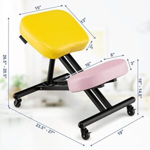 COSTWAY Ergonomic Kneeling Chair, Height Adjustable Stool with 330lbs Capacity, Thick Foam Cushion, Gliding Caster, Angled Seat to Improve Sitting Posture, Kneeling Stools for Office, Yellow+Pink