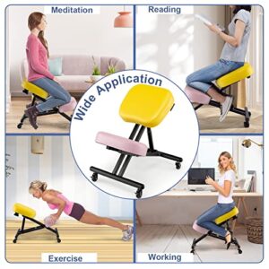 COSTWAY Ergonomic Kneeling Chair, Height Adjustable Stool with 330lbs Capacity, Thick Foam Cushion, Gliding Caster, Angled Seat to Improve Sitting Posture, Kneeling Stools for Office, Yellow+Pink