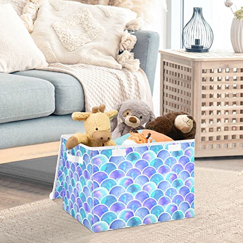 DOMIKING Colorful Mermaid Storage Baskets with Lids Decorative Storage Bins for Toys Organizers Fabric Collapsible Storage Boxes with Handles for Shelves Clothes Nursery Playroom