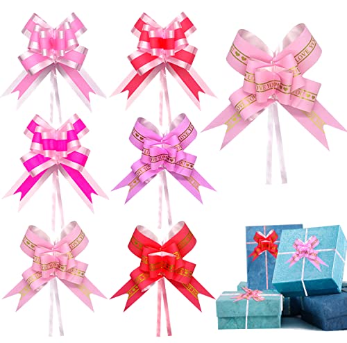 60 Pieces Large Pull Bows for Gift Wrapping, Birthday Gift Wrap Ribbon Pull Bows for Gift Basket Red Pink Heart Bows Ribbon Pull Bows for Birthday Presents, Wedding Baskets, Christmas Decoration