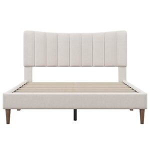 Merax Modern Upholstered Plattform Bed with High Wingback Wood Bed Frame No Box Spring Needed Queen Cream