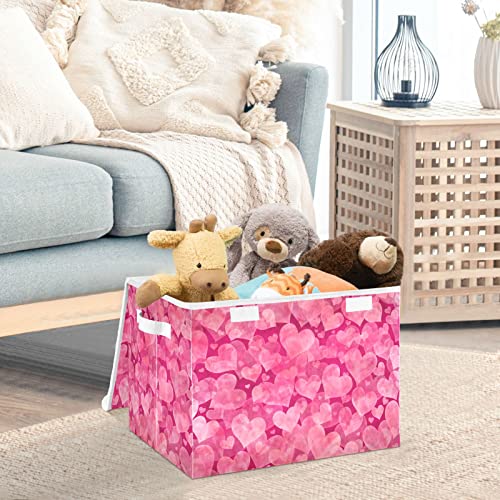 Valentine's Day Pink Hearts Collapsible Rectangular Storage Bins with Lids Decorative Lidded Basket for Toys Organizers Fabric Storage Boxes with Handles for Toys Clothes Organizing Room Nursery