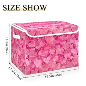 Valentine's Day Pink Hearts Collapsible Rectangular Storage Bins with Lids Decorative Lidded Basket for Toys Organizers Fabric Storage Boxes with Handles for Toys Clothes Organizing Room Nursery