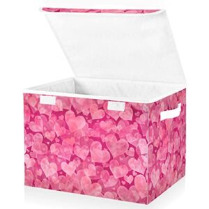 Valentine's Day Pink Hearts Collapsible Rectangular Storage Bins with Lids Decorative Lidded Basket for Toys Organizers Fabric Storage Boxes with Handles for Toys Clothes Organizing Room Nursery