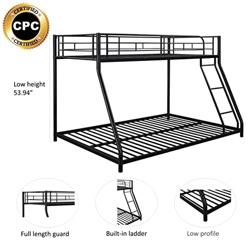 CITYLIGHT Metal Bunk Bed Twin Over Full Size, Heavy Duty Floor Bunk Beds Frame with Security Guardrail and Ladder for Adults, Teens, Kids, Dormitory, Bedroom, No Box Spring Needed, Black