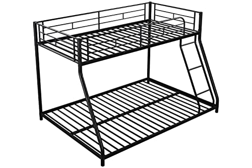 CITYLIGHT Metal Bunk Bed Twin Over Full Size, Heavy Duty Floor Bunk Beds Frame with Security Guardrail and Ladder for Adults, Teens, Kids, Dormitory, Bedroom, No Box Spring Needed, Black