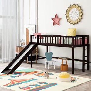 twin loft bed with slide rails frame wood for junior kids slat support, no box spring needed