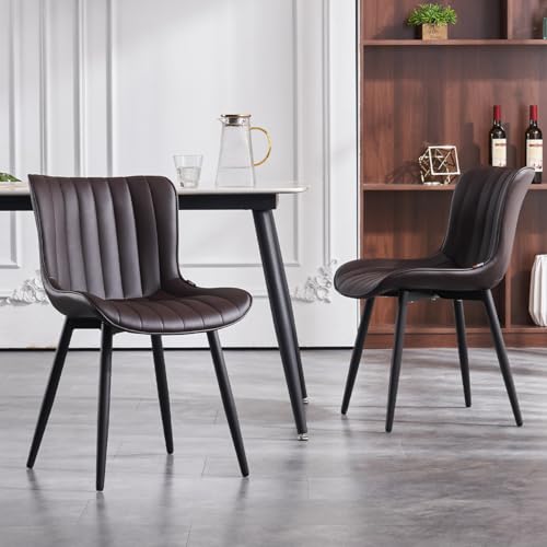 YOUNIKE Dining Chairs Set of 2 Upholstered Mid Century Modern Kitchen Dining Room Chair Faux Leather Chairs with Metal Legs, Brown