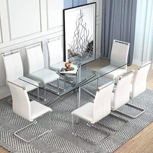 baysitone 71 inch dining glass table set for 8, modern rectangle dinner tempered glass table top and pu faux leather chairs for dining room, silver dining table & chair sets for kitchen, white