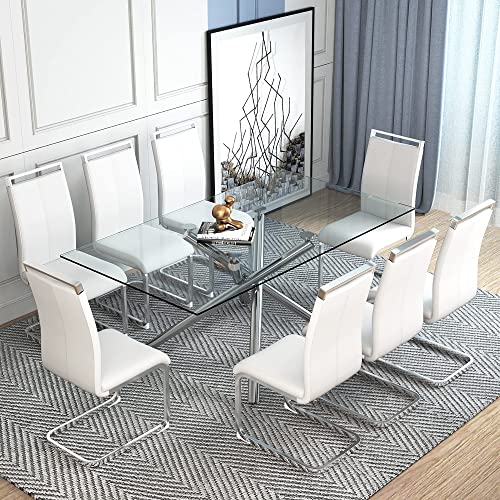 Baysitone 71 inch Dining Glass Table Set for 8, Modern Rectangle Dinner Tempered Glass Table Top and Pu Faux Leather Chairs for Dining Room, Silver Dining Table & Chair Sets for Kitchen, White