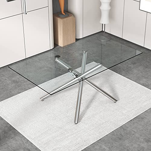 Baysitone 71 inch Dining Glass Table Set for 8, Modern Rectangle Dinner Tempered Glass Table Top and Pu Faux Leather Chairs for Dining Room, Silver Dining Table & Chair Sets for Kitchen, White