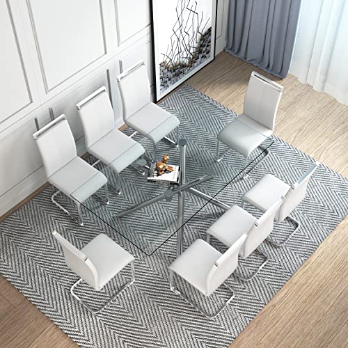 Baysitone 71 inch Dining Glass Table Set for 8, Modern Rectangle Dinner Tempered Glass Table Top and Pu Faux Leather Chairs for Dining Room, Silver Dining Table & Chair Sets for Kitchen, White