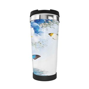sarnfans floral coffee mugs for women,flowers butterflies lake spa,stainless steel vacuum insulated double wall travel tumbler, durable insulated coffee mug, thermal cup with lid blue white