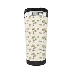 hawaii travel coffee mug spill proof 13oz, trees pattern with hand drawn tropical palms insulated coffee mug to go, thermo hot coffee tumbler, reusable coffee travel mug with seal lid,blue