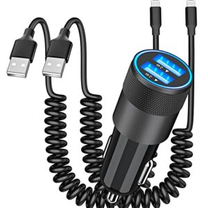 [Apple MFi Certified] iPhone Fast Car Charger, Adeqwat 4.8A Dual USB Power Rapid Car Charger with 2 Pack 6FT Coiled Lightning Quick Car Charging Cable for iPhone 14 13 12 11 Pro Max/XS/XR/iPad/AirPods