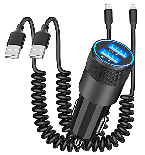 [Apple MFi Certified] iPhone Fast Car Charger, Adeqwat 4.8A Dual USB Power Rapid Car Charger with 2 Pack 6FT Coiled Lightning Quick Car Charging Cable for iPhone 14 13 12 11 Pro Max/XS/XR/iPad/AirPods