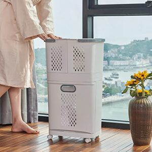 2-Tier Laundry Basket with Wheel Rolling Laundry Sorter Hampe Bathroom,plplaaoo Sorter Basket,Laundry Basket Bottom Opening Closing Design Dirty Clothes Hamper with Storage Shelf for Bathroom