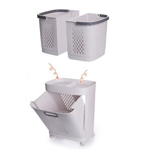 2-Tier Laundry Basket with Wheel Rolling Laundry Sorter Hampe Bathroom,plplaaoo Sorter Basket,Laundry Basket Bottom Opening Closing Design Dirty Clothes Hamper with Storage Shelf for Bathroom