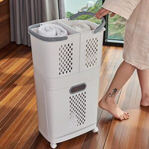 2-Tier Laundry Basket with Wheel Rolling Laundry Sorter Hampe Bathroom,plplaaoo Sorter Basket,Laundry Basket Bottom Opening Closing Design Dirty Clothes Hamper with Storage Shelf for Bathroom