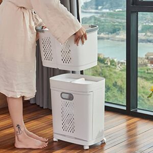 2-Tier Laundry Basket with Wheel Rolling Laundry Sorter Hampe Bathroom,plplaaoo Sorter Basket,Laundry Basket Bottom Opening Closing Design Dirty Clothes Hamper with Storage Shelf for Bathroom