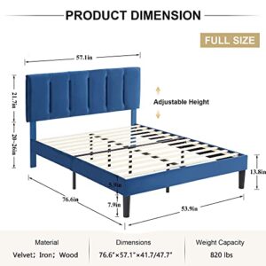 VECELO Full Size Bed Frame, Upholstered Platform Bedframe, Adjustable Headboard, Wood Slat Support, No Box Spring Needed, Easy Assembly, Blue