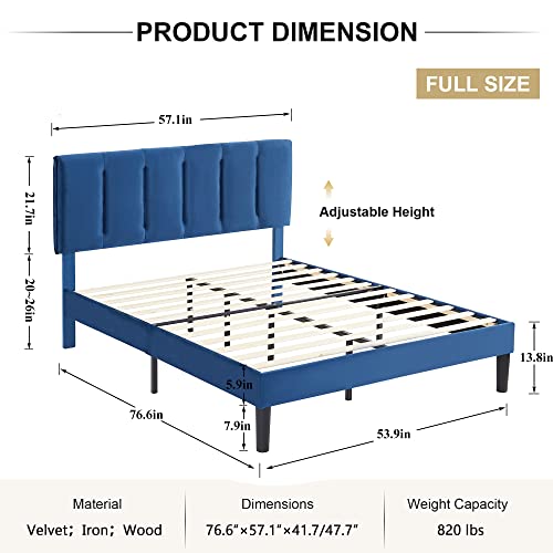 VECELO Full Size Bed Frame, Upholstered Platform Bedframe, Adjustable Headboard, Wood Slat Support, No Box Spring Needed, Easy Assembly, Blue