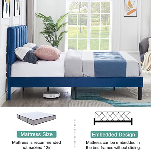 VECELO Full Size Bed Frame, Upholstered Platform Bedframe, Adjustable Headboard, Wood Slat Support, No Box Spring Needed, Easy Assembly, Blue