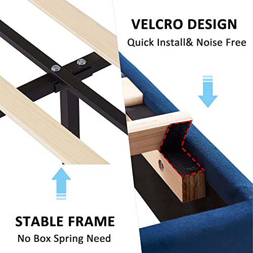 VECELO Full Size Bed Frame, Upholstered Platform Bedframe, Adjustable Headboard, Wood Slat Support, No Box Spring Needed, Easy Assembly, Blue