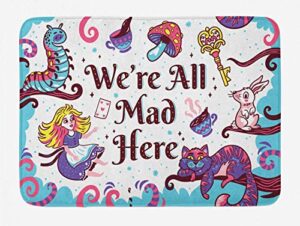 cute girl cartoon bath mat, we are all mad here words with caterpillar white rabbit cheshire cat, bathroom rugs soft bath rugs non slip, washable cover floor rug, 24" x 16", blue purple