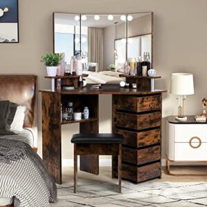 VOWNER Vanity with Lights - Vanity Desk with 3 Color Lighting Options, Brightness Adjustable, Vanity Table with 5 Rotating Drawers, Shelves and Stool, Corner Vanity for Women Girls, Rustic Brown 43“ L