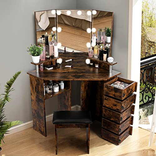 VOWNER Vanity with Lights - Vanity Desk with 3 Color Lighting Options, Brightness Adjustable, Vanity Table with 5 Rotating Drawers, Shelves and Stool, Corner Vanity for Women Girls, Rustic Brown 43“ L