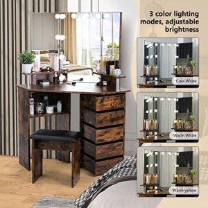 VOWNER Vanity with Lights - Vanity Desk with 3 Color Lighting Options, Brightness Adjustable, Vanity Table with 5 Rotating Drawers, Shelves and Stool, Corner Vanity for Women Girls, Rustic Brown 43“ L