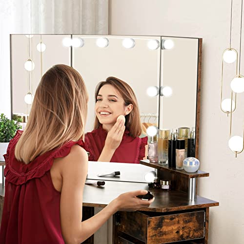 VOWNER Vanity with Lights - Vanity Desk with 3 Color Lighting Options, Brightness Adjustable, Vanity Table with 5 Rotating Drawers, Shelves and Stool, Corner Vanity for Women Girls, Rustic Brown 43“ L