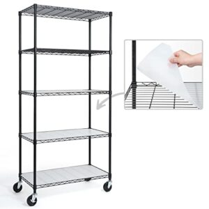 caphaus nsf commercial grade heavy duty wire shelving w/wheels, leveling feet & liners, storage metal shelf, garage shelving storage, utility wire rack storage shelves, w/liner, 36 x 18 x 76 5-tier