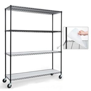 caphaus nsf commercial grade heavy duty wire shelving w/wheels, leveling feet & liners, storage metal shelf, garage shelving storage, utility wire rack storage shelves, w/liner, 60 x 18 x 76 4-tier