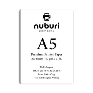 Nuburi - A5 Size Premium Printer Paper - Ideal for Professional Documents - Smooth Bright White - 80 gsm / 21 lb. (200 Sheets)