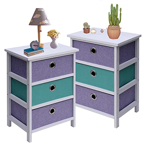 NO MORE TAG Nightstand Set of 2, Small Nightstand with 3 Fabric Drawers, Bedside Table for Bedroom, Sturdy Wood Frame, Wood Top, Easy Pull Handle,Easy Assembly,Purple